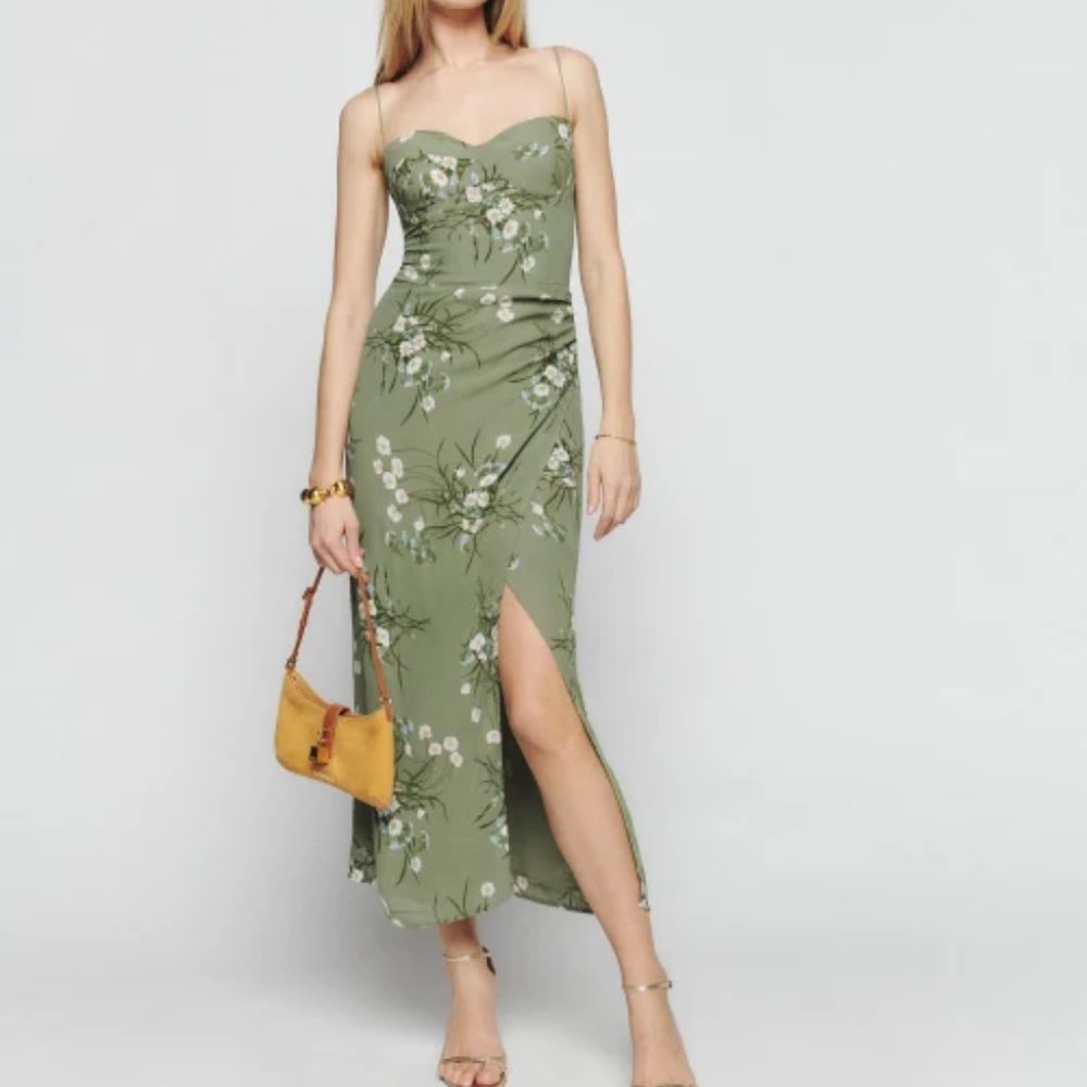 Reformation Kourtney Dress in Bonita Green White Floral Sleeveless Midi